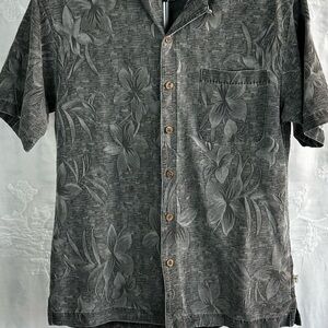 Island Shores Gray Floral Jacquard Hawaiian Button up Shirt Washable Silk